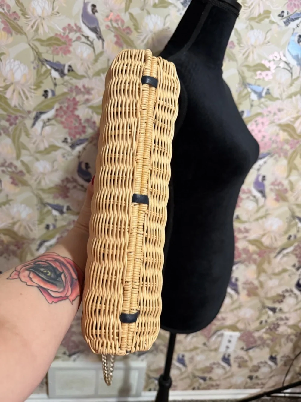 Talbots Natural Woven Clutch with Navy Tab and Multicolor Fan Accent
